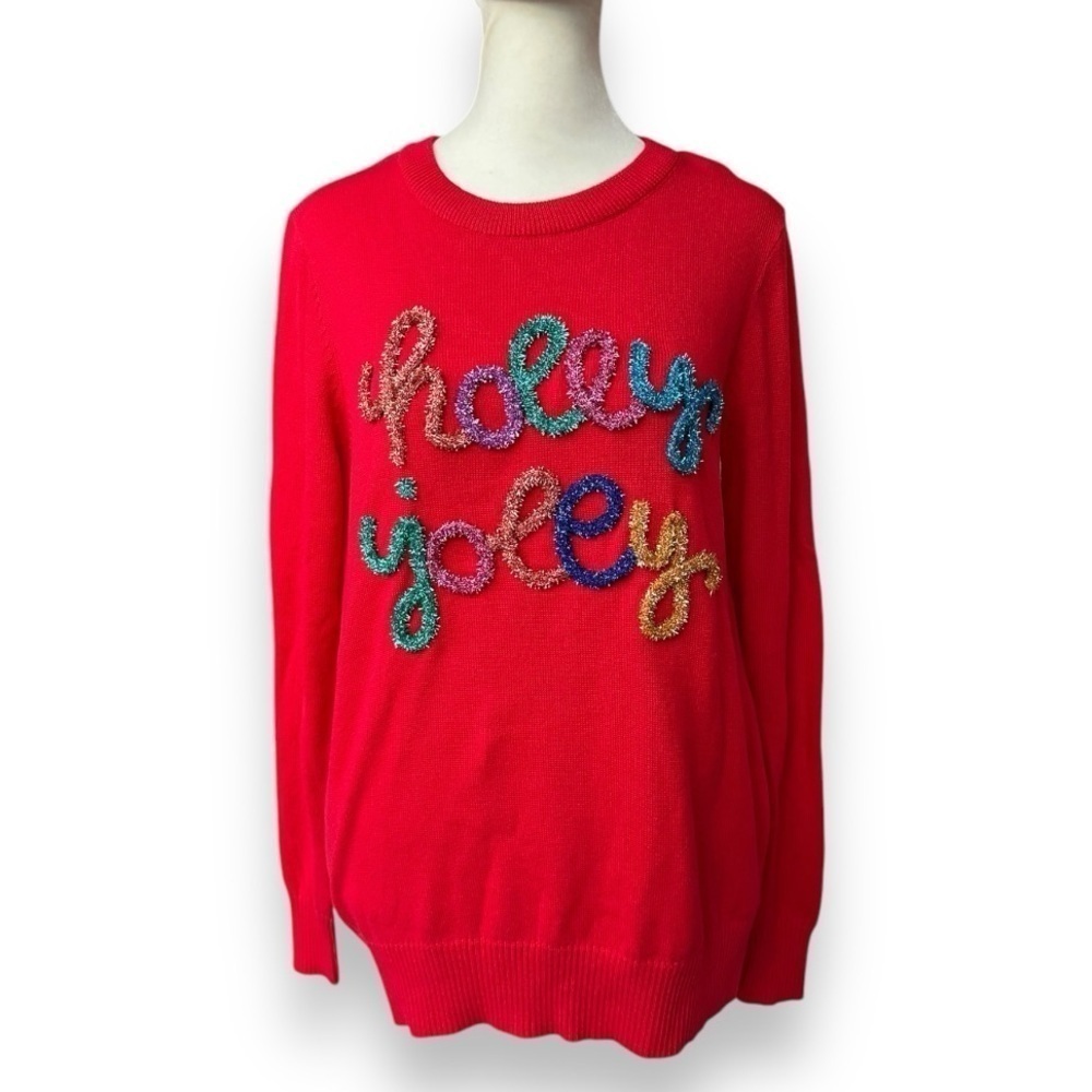 New Staccato Red Holly Jolly Tinsel Script Christmas Sweater | Size Small